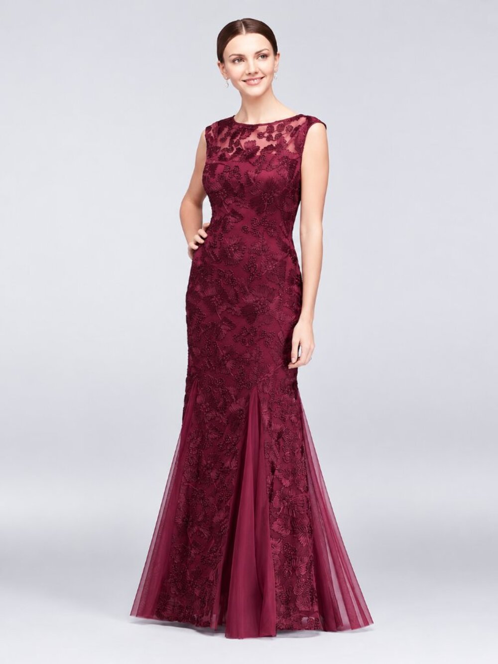 Alex Evenings Wine Burgundy Floral Embroidered Lace Evening Gown Size 10